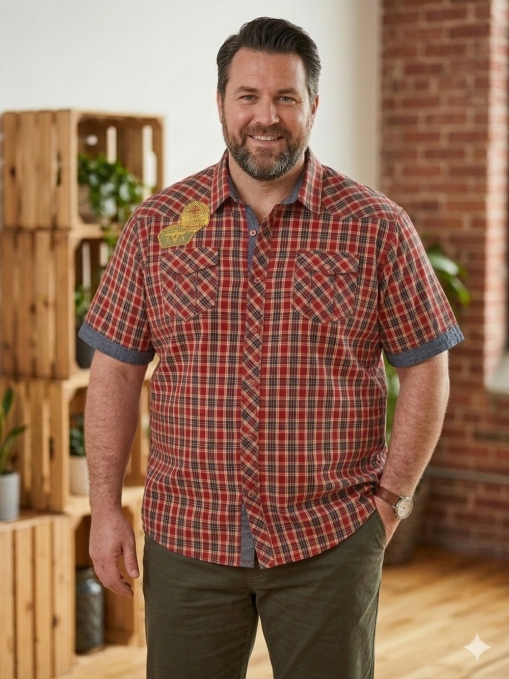 Trust 80 Akoo 4XL Plaid Button Shirt Red Cotton Warchiefs Patches Streetwear